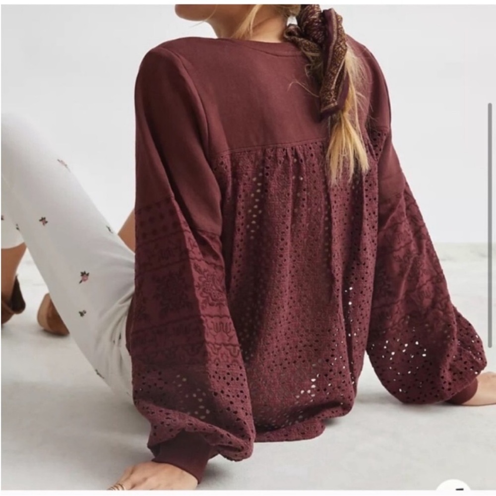 Anthropologie Plum Wine Eyelet Lace Puffy Sleeves Oversized Top Size S
